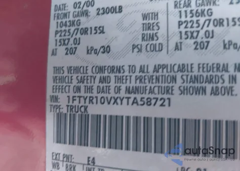 2000 Ford Ranger Xl/Xlt from USA, damaged, VIN 1FTYR10VXYTA58721